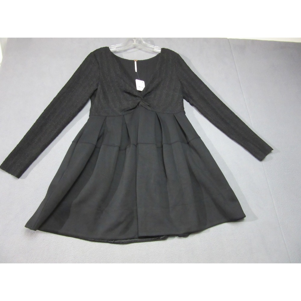 Free People Mini Dress Womens Medium Black Vida New Smocked V-Neck Twist Front